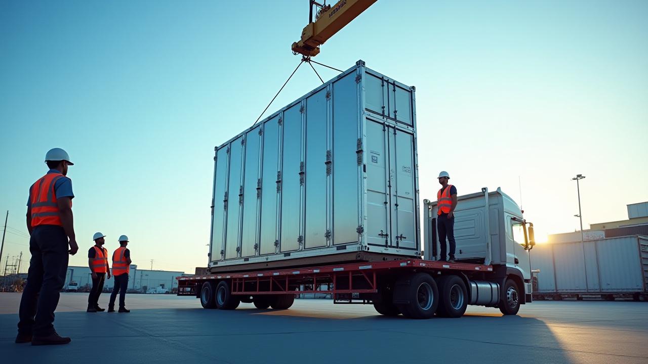 Technicians securing high-value server racks for oversized transport on a specialized flatbed truck