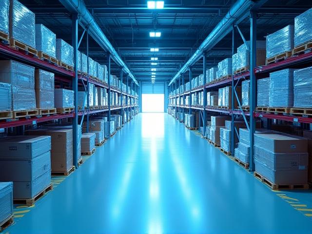 Organized retail distribution center with trucks ready for high-volume delivery
